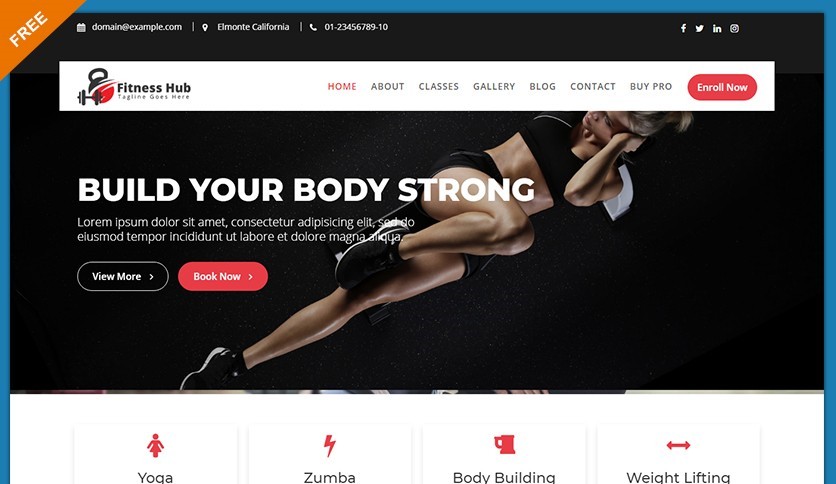 Fitness Hub fitness club and gymnasium Free Wordpress
